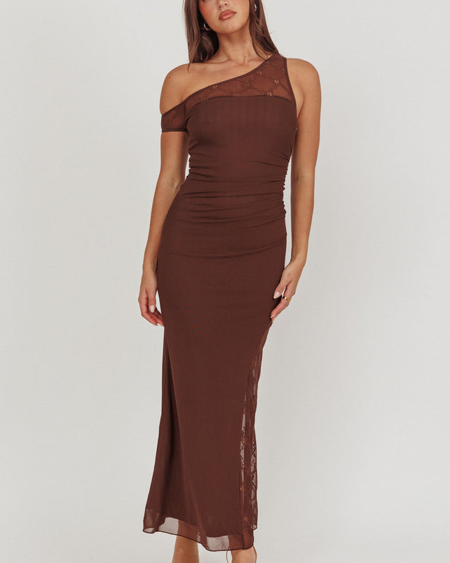 Chocolate One-Shoulder Lace Panel Maxi Dress