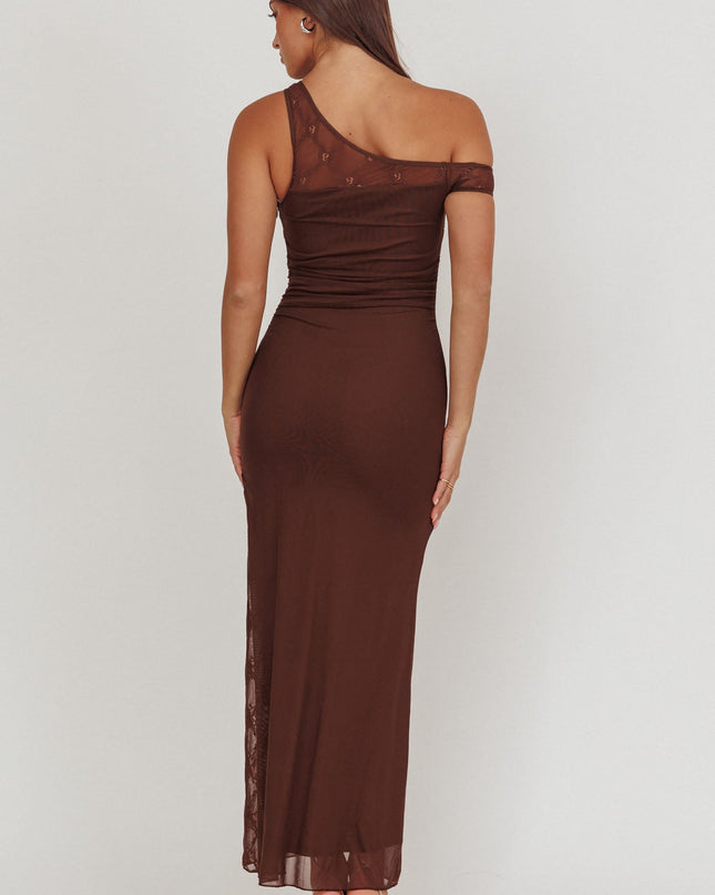 Chocolate One-Shoulder Lace Panel Maxi Dress