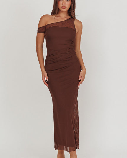 Chocolate One-Shoulder Lace Panel Maxi Dress