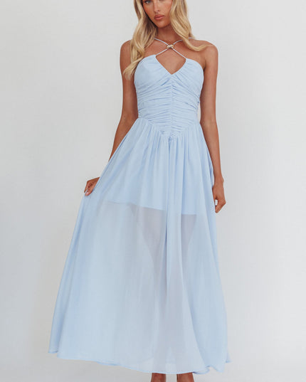 Blue Ruched Basque Waist Maxi Dress