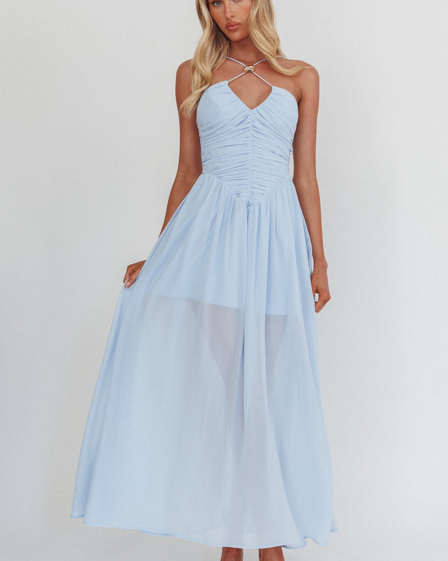 Blue Ruched Basque Waist Maxi Dress