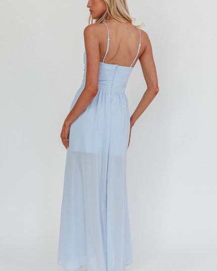 Blue Ruched Basque Waist Maxi Dress