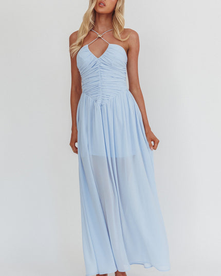 Blue Ruched Basque Waist Maxi Dress
