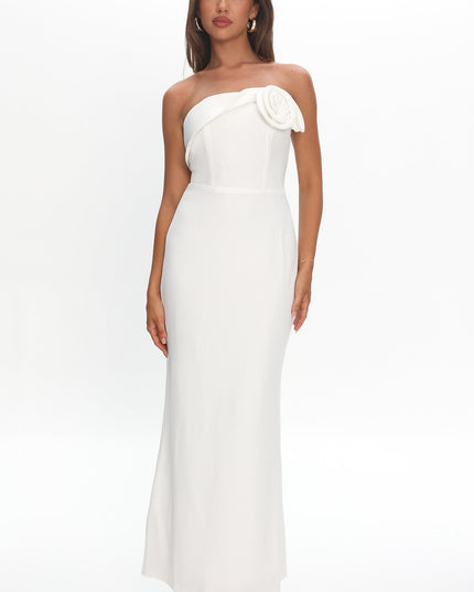 White Off-Shoulder Rosette Maxi Dress