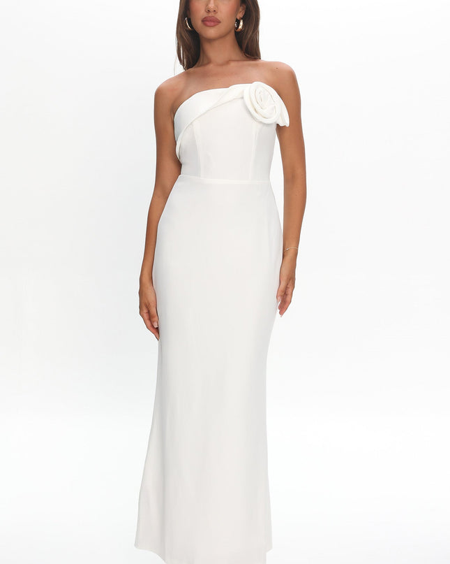 White Off-Shoulder Rosette Maxi Dress