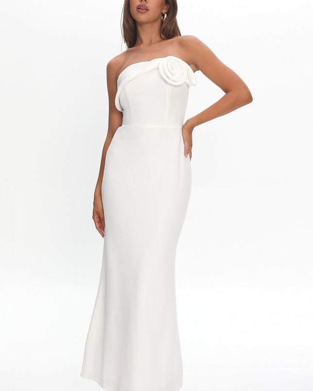 White Off-Shoulder Rosette Maxi Dress
