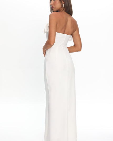 White Off-Shoulder Rosette Maxi Dress