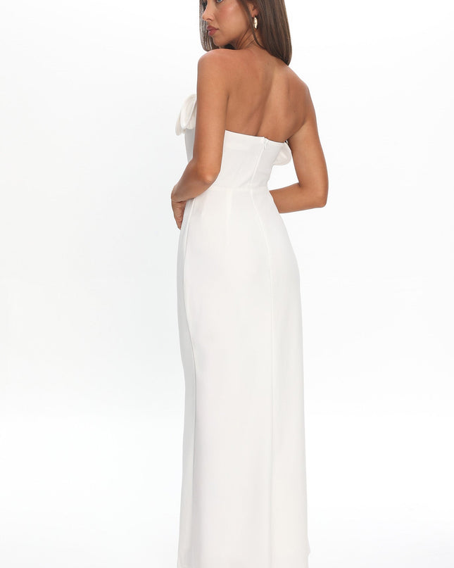 White Off-Shoulder Rosette Maxi Dress