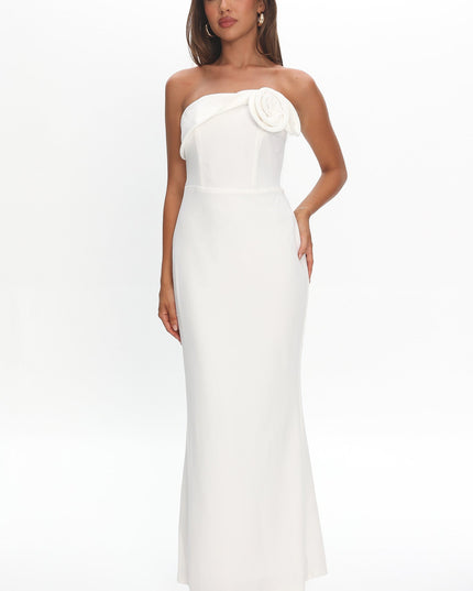 White Off-Shoulder Rosette Maxi Dress