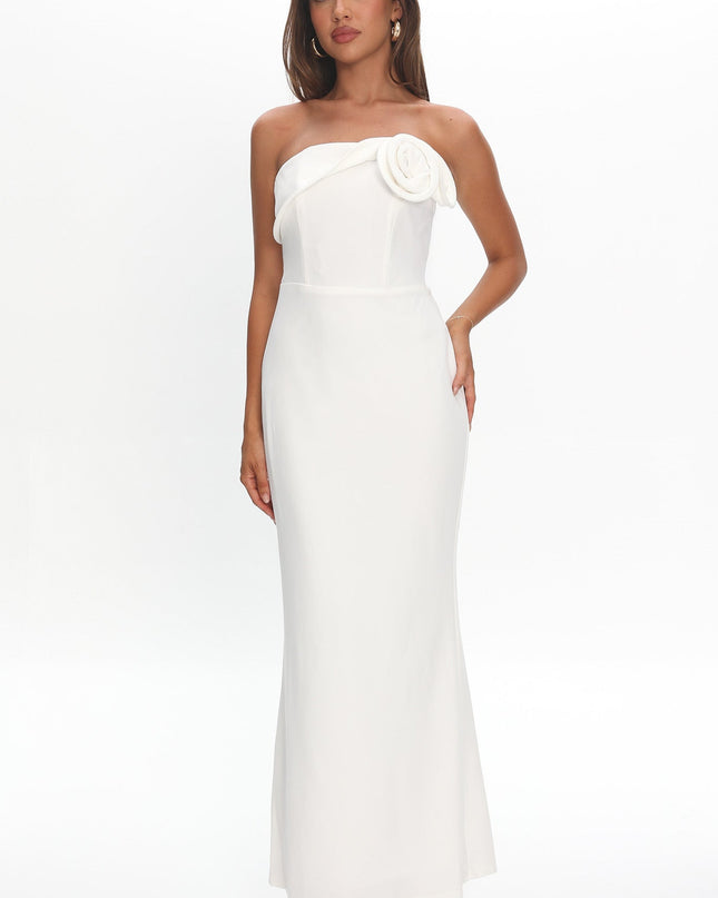 White Off-Shoulder Rosette Maxi Dress