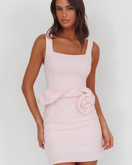 Pink Rose Waist Decoration Mini Dress