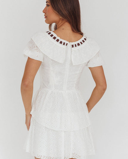 White Puff Sleeve Ruffle Eyelet Embroidery Mini Dress