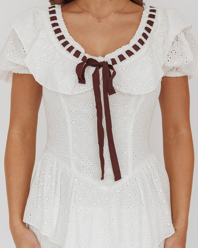 White Puff Sleeve Ruffle Eyelet Embroidery Mini Dress