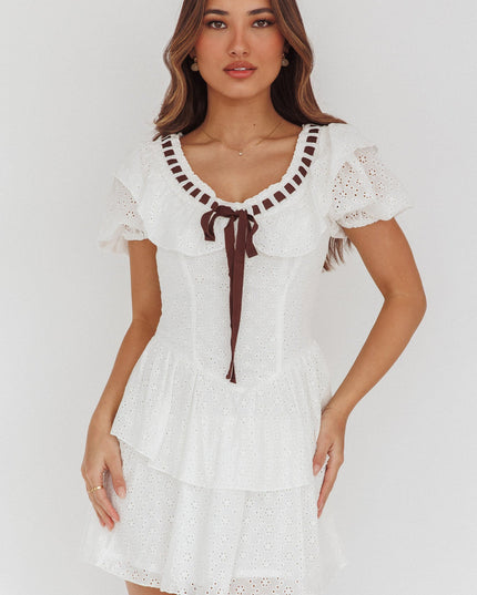 White Puff Sleeve Ruffle Eyelet Embroidery Mini Dress