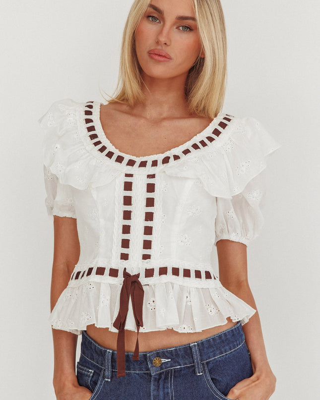 White Frill Collar Eyelet Top