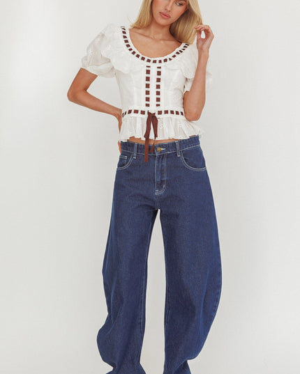 White Frill Collar Eyelet Top