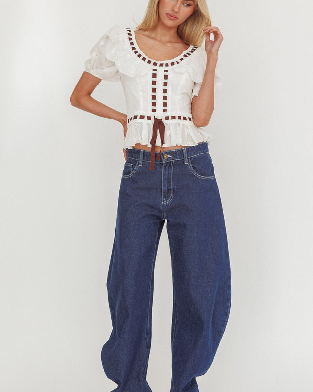 White Frill Collar Eyelet Top