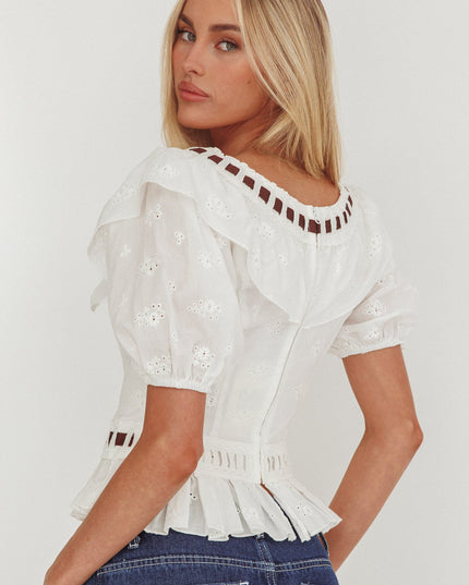 White Frill Collar Eyelet Top