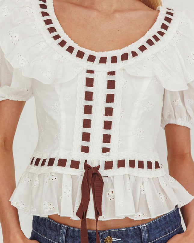 White Frill Collar Eyelet Top