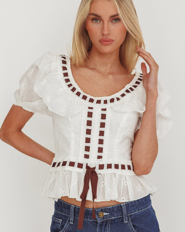 White Frill Collar Eyelet Top