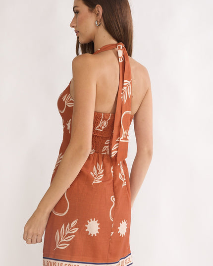 Tan Halterneck Mini Dress Print