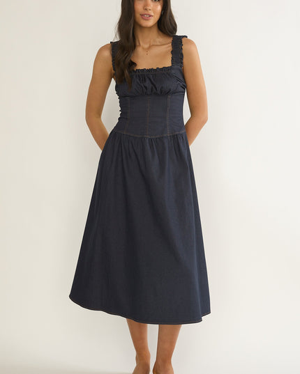 Indigo Gathered Bust Midi Dress