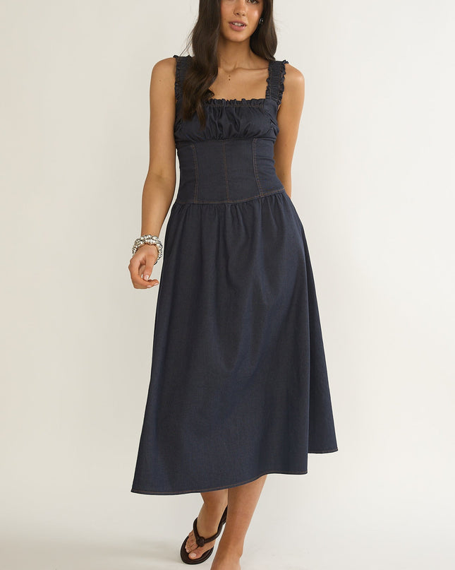 Indigo Gathered Bust Midi Dress