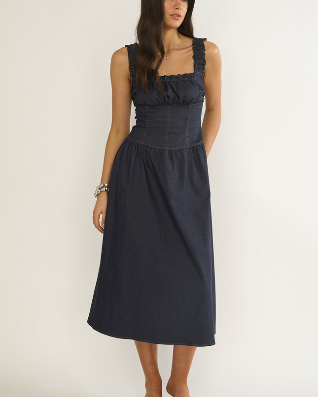 Indigo Gathered Bust Midi Dress
