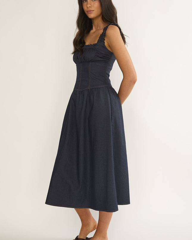 Indigo Gathered Bust Midi Dress