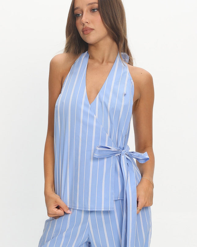 Blue Halter Wrap Top Stripe