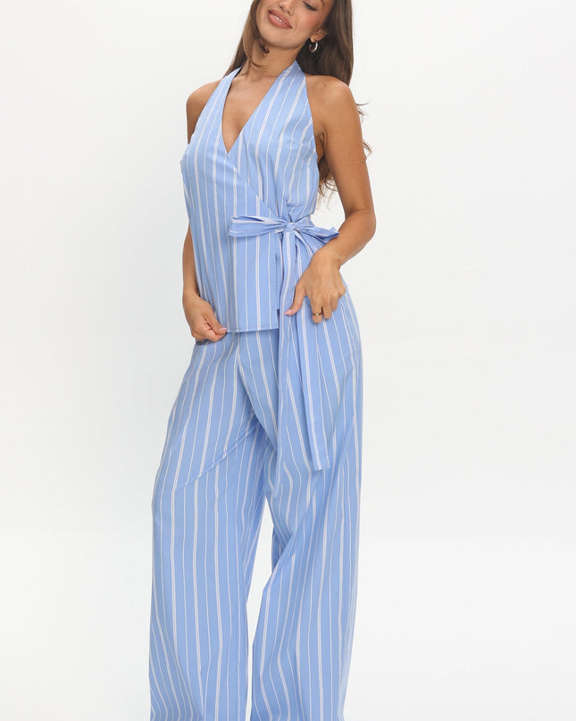 Blue Halter Wrap Top Stripe