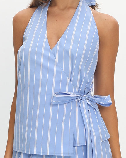 Blue Halter Wrap Top Stripe