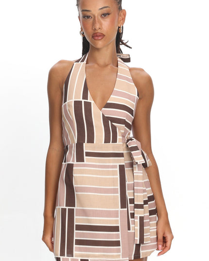 Mocha Wrap Halterneck Mini Dress Print