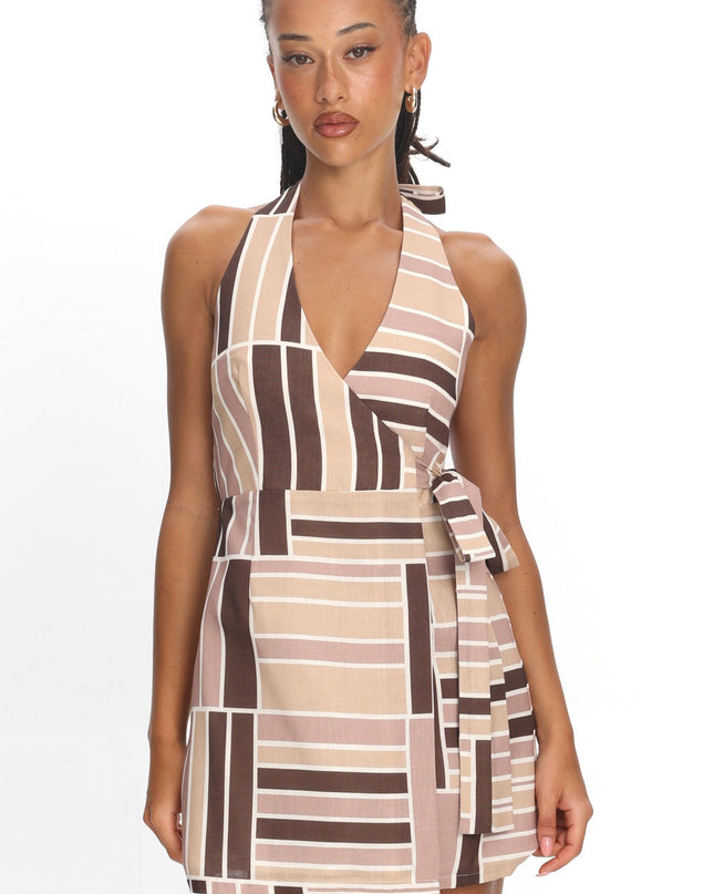 Mocha Wrap Halterneck Mini Dress Print