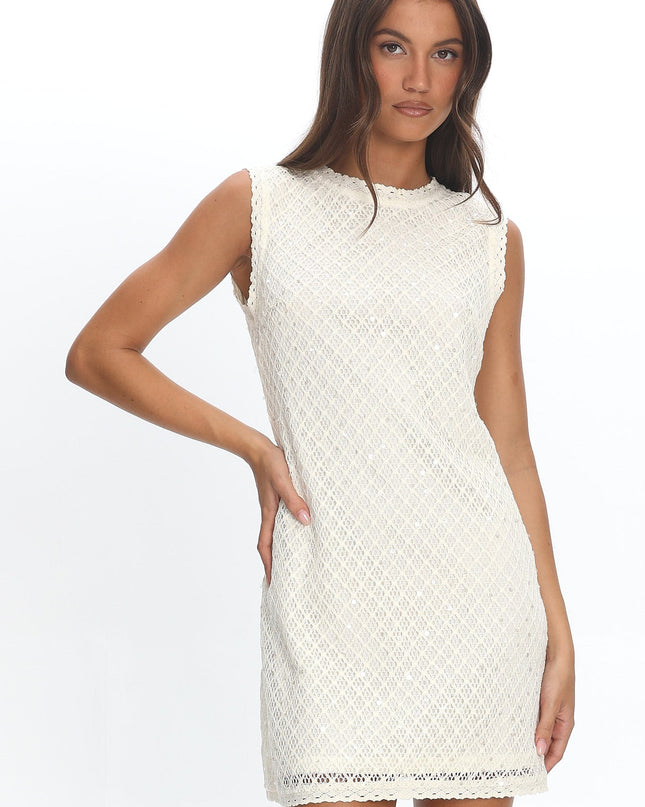 White Crochet Lace Shift Dress Sequin