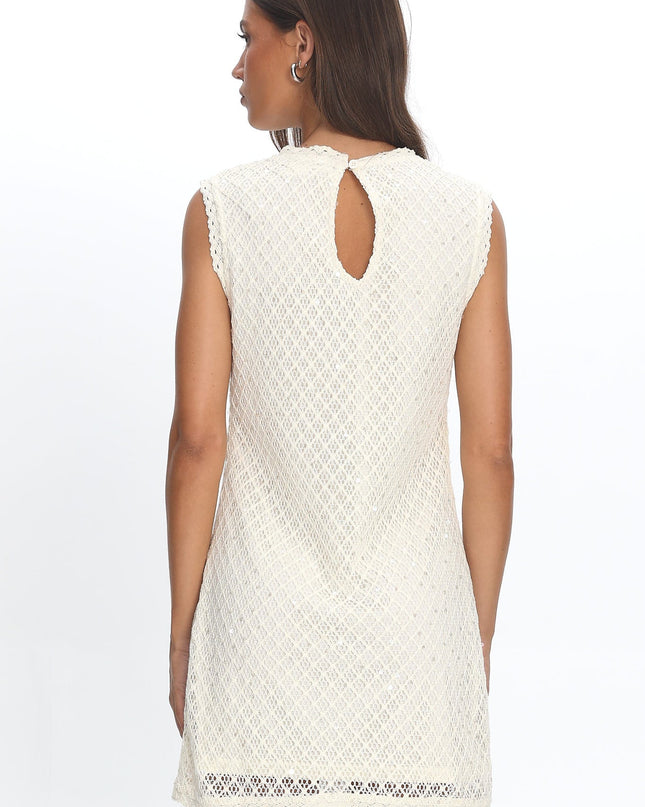 White Crochet Lace Shift Dress Sequin