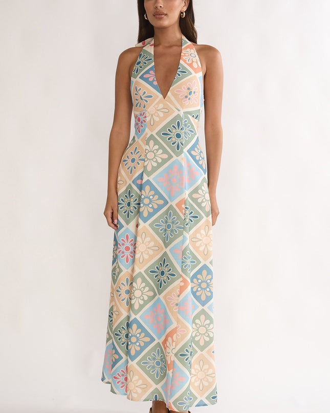Multi A-Line Halterneck Maxi Dress Green