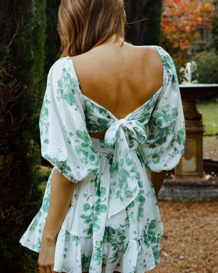 White/Olive Off-Shoulder Tie-Up Back Dress Watercolor Floral Print