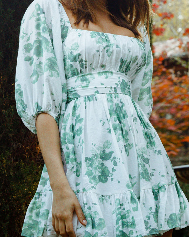 White/Olive Off-Shoulder Tie-Up Back Dress Watercolor Floral Print