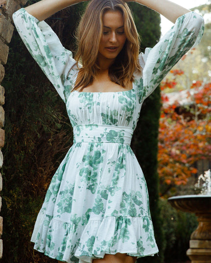 White/Olive Off-Shoulder Tie-Up Back Dress Watercolor Floral Print