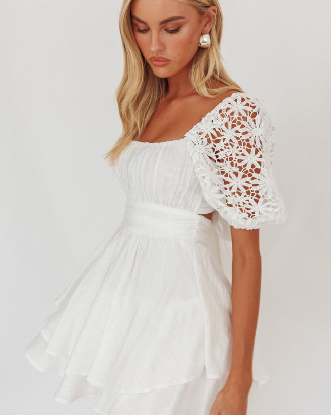 White Lace Puff Sleeve Tie-Up Back Dress