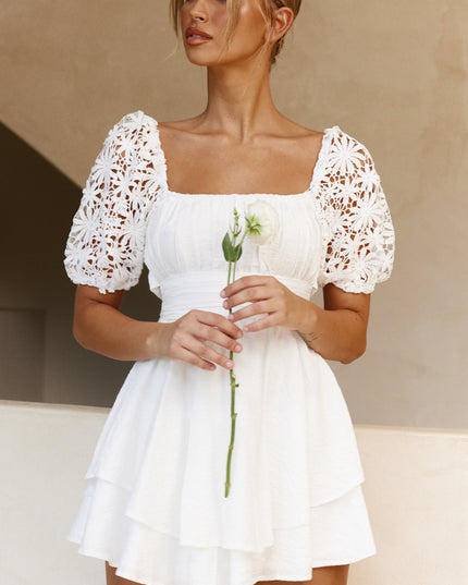 White Lace Puff Sleeve Tie-Up Back Dress