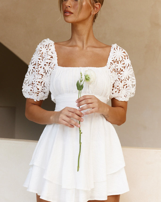 White Lace Puff Sleeve Tie-Up Back Dress