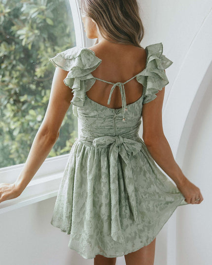 Ruffle Shoulder Ruched Dress Textured Avocado