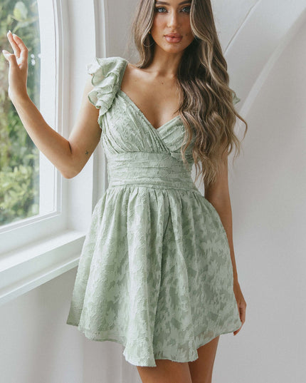 Ruffle Shoulder Ruched Dress Textured Avocado