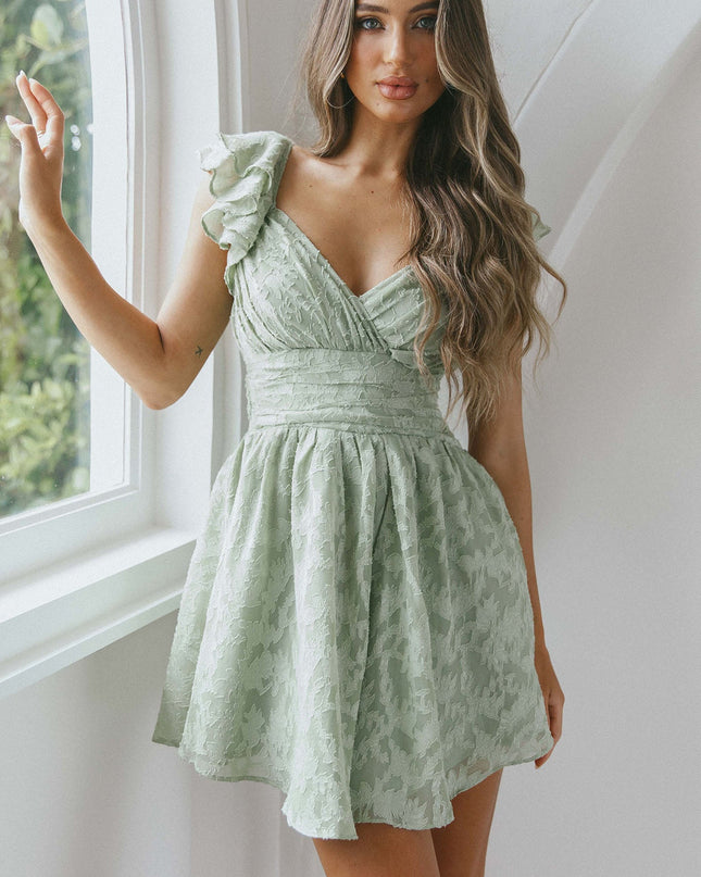 Ruffle Shoulder Ruched Dress Textured Avocado