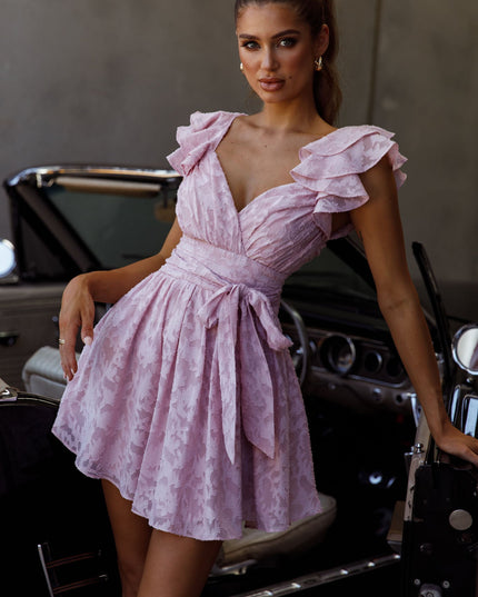 Blush Ruffle Shoulder Ruched Dress Textured