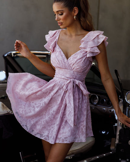 Blush Ruffle Shoulder Ruched Dress Textured
