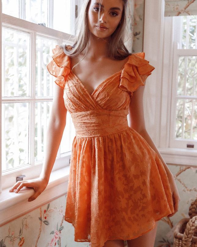 Orange Ruffle Shoulder Ruched Dress Textured
