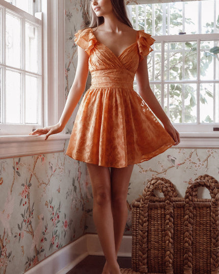 Orange Ruffle Shoulder Ruched Dress Textured